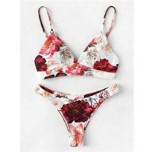 Floral Lace Up Plunge Bikini Swimsuit
